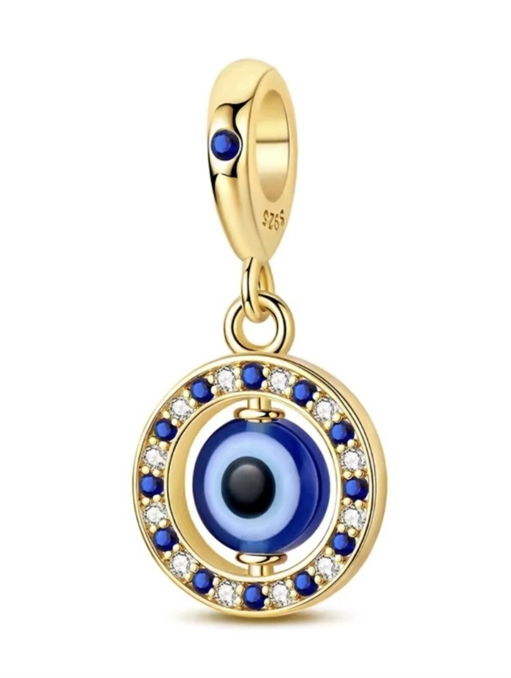 Sterling Silver .925 Gold Plated Evil Eye Blue Diamond Dangle Charm